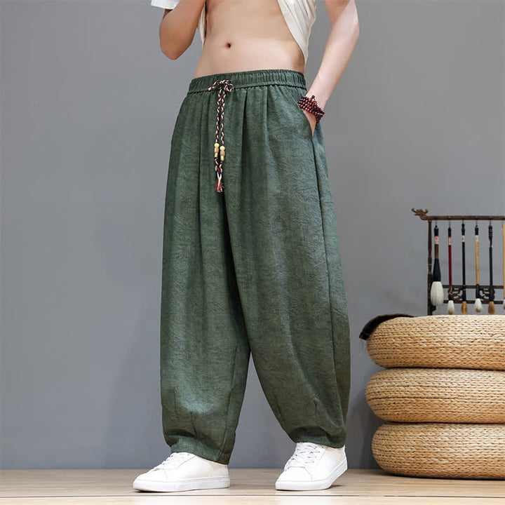 Buddha Stones Pantalon harem d'été bohème à cordon de serrage et motif végétal uni pour homme, avec poches - Vert olive foncé - US/UK/AU48，EU58 (6XL) - image 0