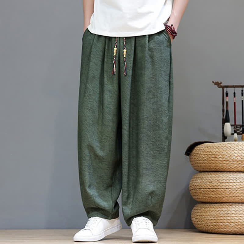 Buddha Stones Pantalon harem d'été bohème à cordon de serrage et motif végétal uni pour homme, avec poches - image 2