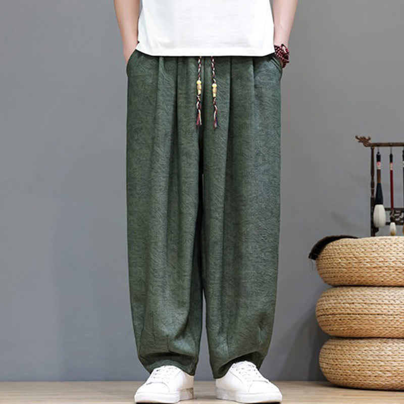 Buddha Stones Pantalon harem d'été bohème à cordon de serrage et motif végétal uni pour homme, avec poches - image 1