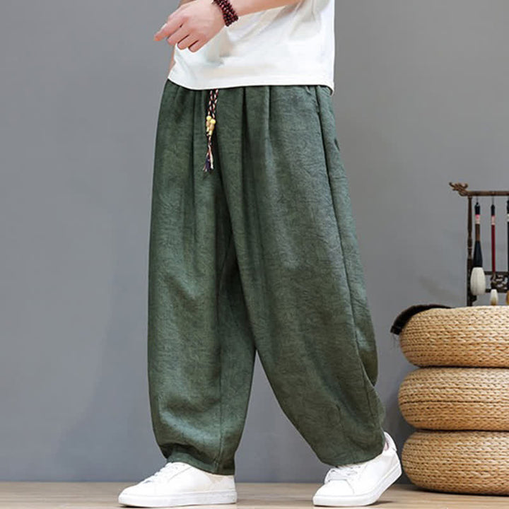 Buddha Stones Pantalon harem d'été bohème à cordon de serrage et motif végétal uni pour homme, avec poches - image 3