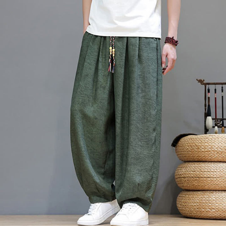 Buddha Stones Pantalon harem d'été bohème à cordon de serrage et motif végétal uni pour homme, avec poches - image 6