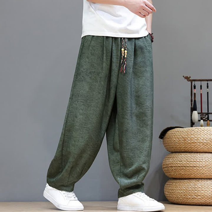 Buddha Stones Pantalon harem d'été bohème à cordon de serrage et motif végétal uni pour homme, avec poches - image 7