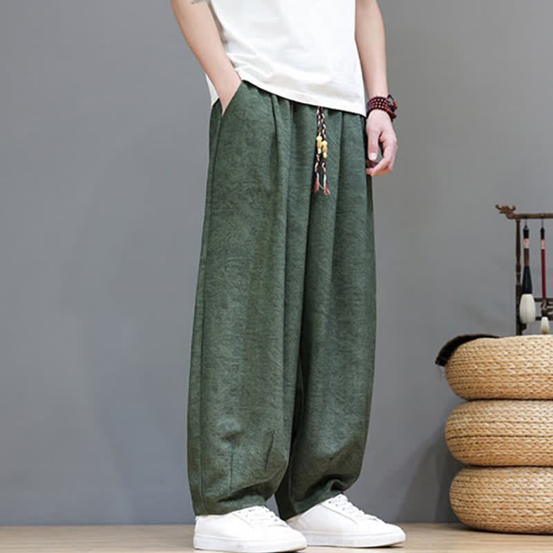 Buddha Stones Pantalon harem d'été bohème à cordon de serrage et motif végétal uni pour homme, avec poches - image 5