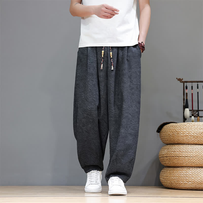 Buddha Stones Pantalon harem d'été bohème à cordon de serrage et motif végétal uni pour homme, avec poches - image 10