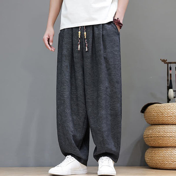 Buddha Stones Pantalon harem d'été bohème à cordon de serrage et motif végétal uni pour homme, avec poches - image 12