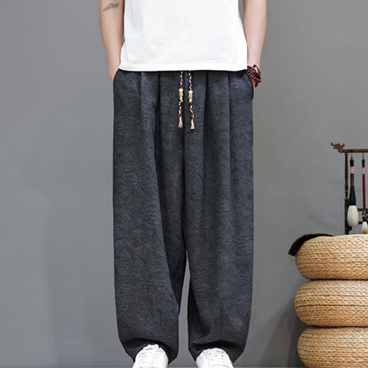 Buddha Stones Pantalon harem d'été bohème à cordon de serrage et motif végétal uni pour homme, avec poches - image 13