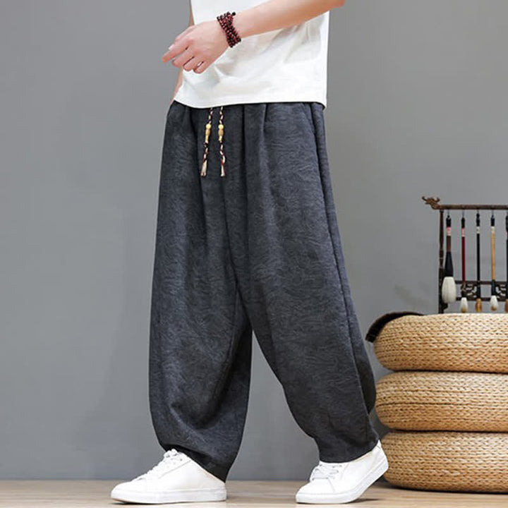 Buddha Stones Pantalon harem d'été bohème à cordon de serrage et motif végétal uni pour homme, avec poches - image 17