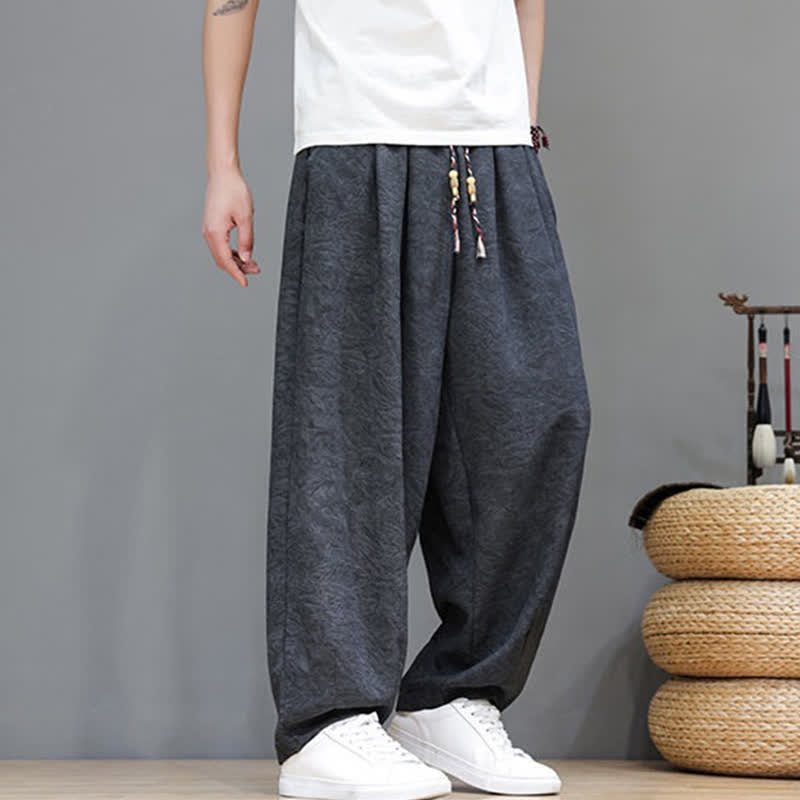 Buddha Stones Pantalon harem d'été bohème à cordon de serrage et motif végétal uni pour homme, avec poches - image 15
