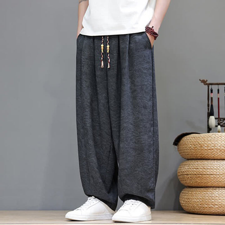 Buddha Stones Pantalon harem d'été bohème à cordon de serrage et motif végétal uni pour homme, avec poches - image 16