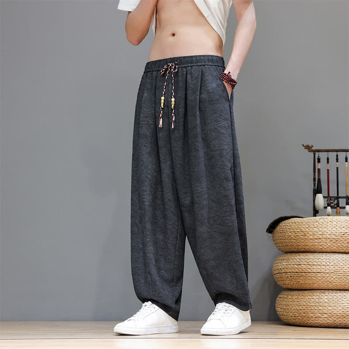 Buddha Stones Pantalon harem d'été bohème à cordon de serrage et motif végétal uni pour homme, avec poches - Gris terne - US/UK/AU48，EU58 (6XL) - image 9