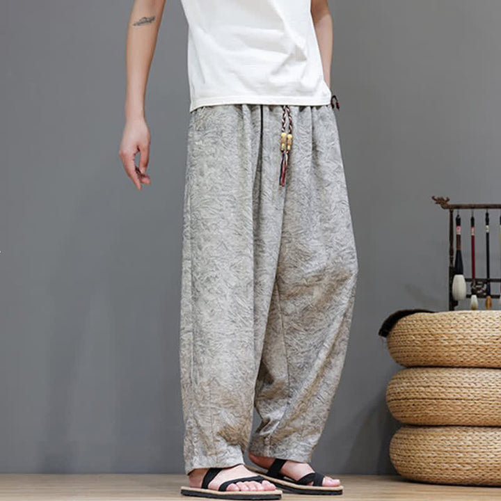 Buddha Stones Pantalon harem d'été bohème à cordon de serrage et motif végétal uni pour homme, avec poches - image 20