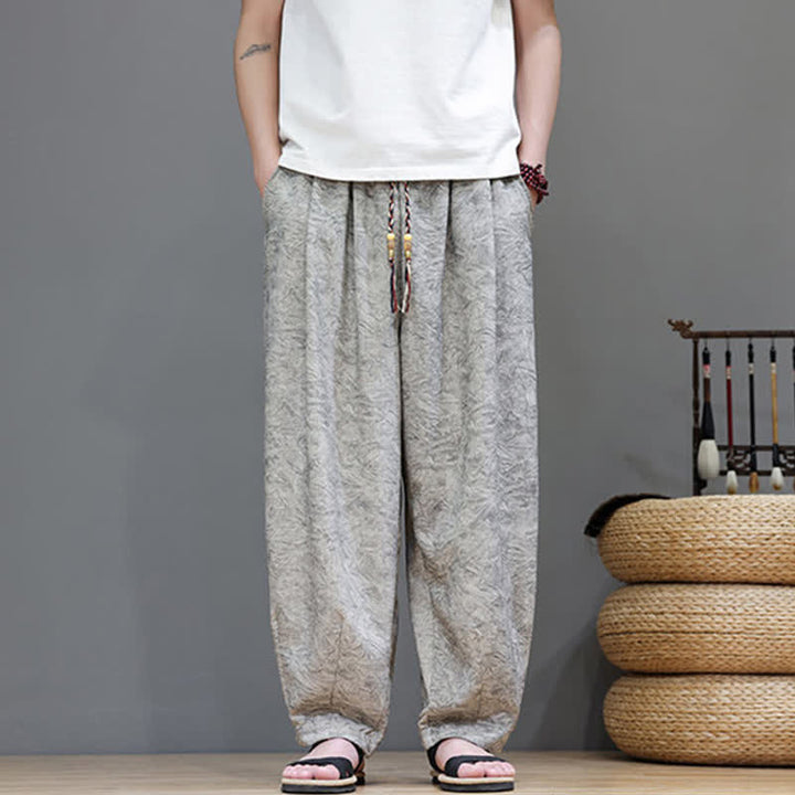 Buddha Stones Pantalon harem d'été bohème à cordon de serrage et motif végétal uni pour homme, avec poches - image 24