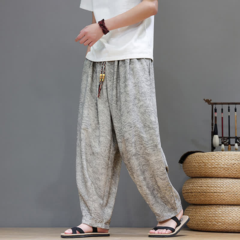 Buddha Stones Pantalon harem d'été bohème à cordon de serrage et motif végétal uni pour homme, avec poches - image 25