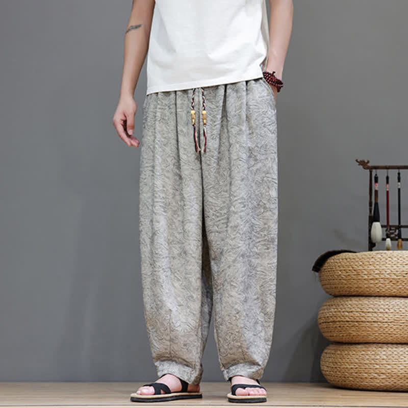 Buddha Stones Pantalon harem d'été bohème à cordon de serrage et motif végétal uni pour homme, avec poches - image 26