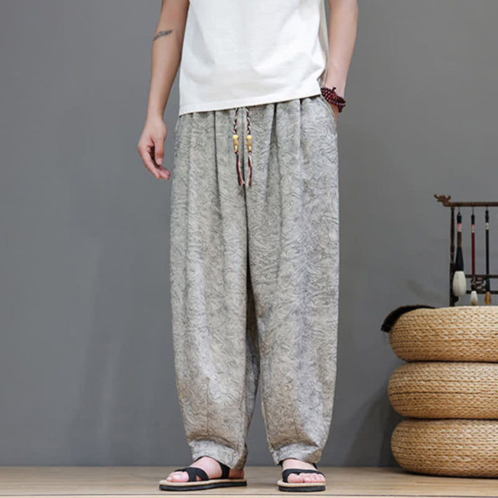 Buddha Stones Pantalon harem d'été bohème à cordon de serrage et motif végétal uni pour homme, avec poches - image 26
