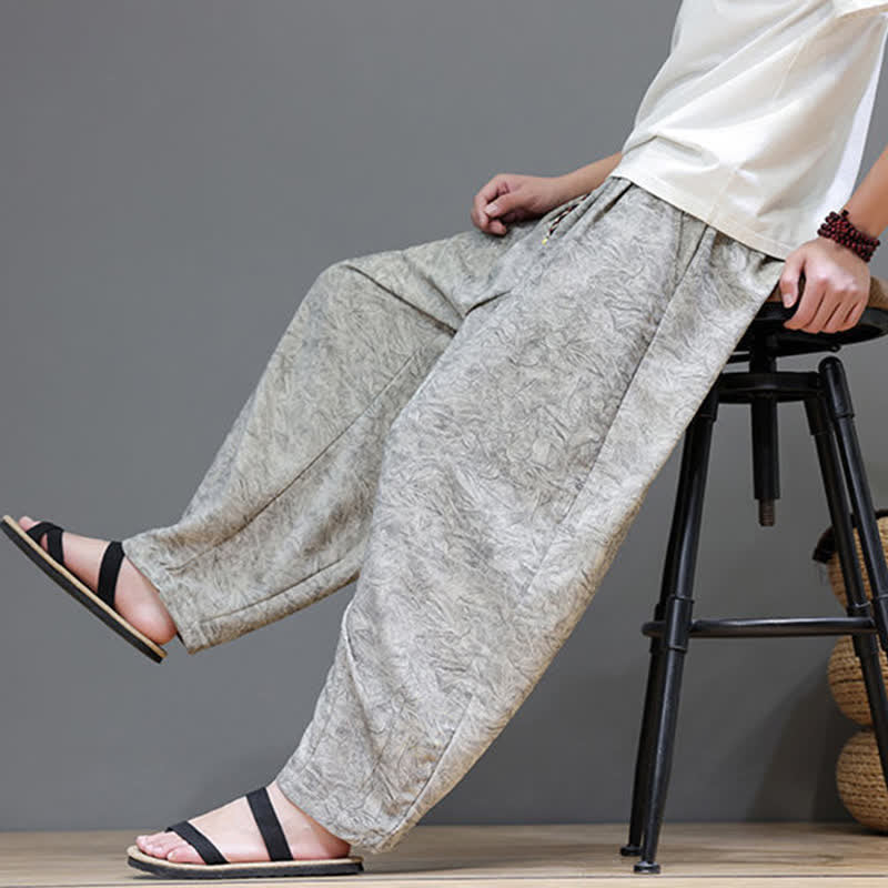 Buddha Stones Pantalon harem d'été bohème à cordon de serrage et motif végétal uni pour homme, avec poches - image 30