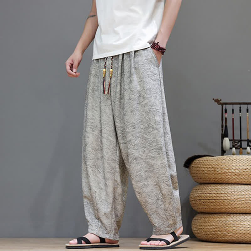 Buddha Stones Pantalon harem d'été bohème à cordon de serrage et motif végétal uni pour homme, avec poches - image 22