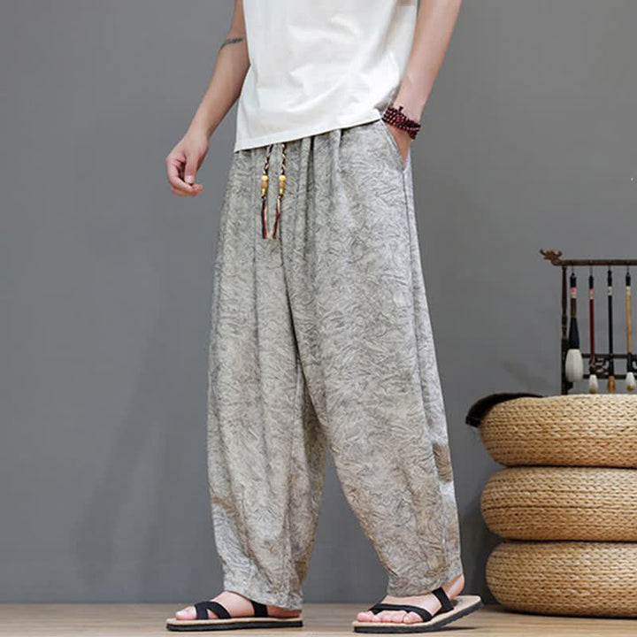 Buddha Stones Pantalon harem d'été bohème à cordon de serrage et motif végétal uni pour homme, avec poches - image 22