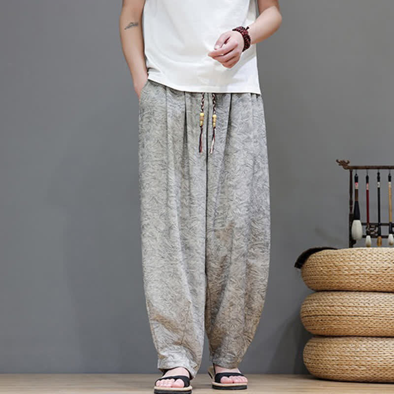 Buddha Stones Pantalon harem d'été bohème à cordon de serrage et motif végétal uni pour homme, avec poches - image 21
