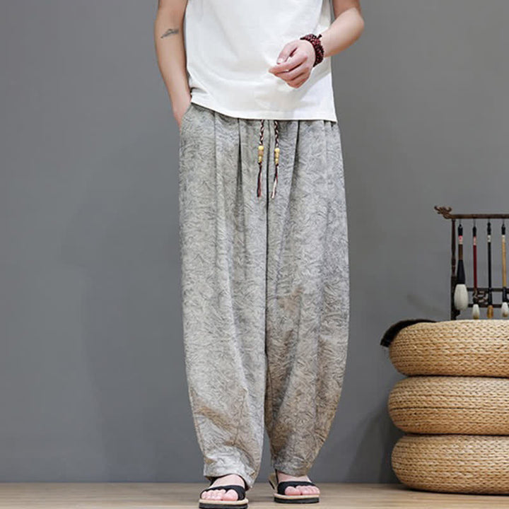 Buddha Stones Pantalon harem d'été bohème à cordon de serrage et motif végétal uni pour homme, avec poches - image 21