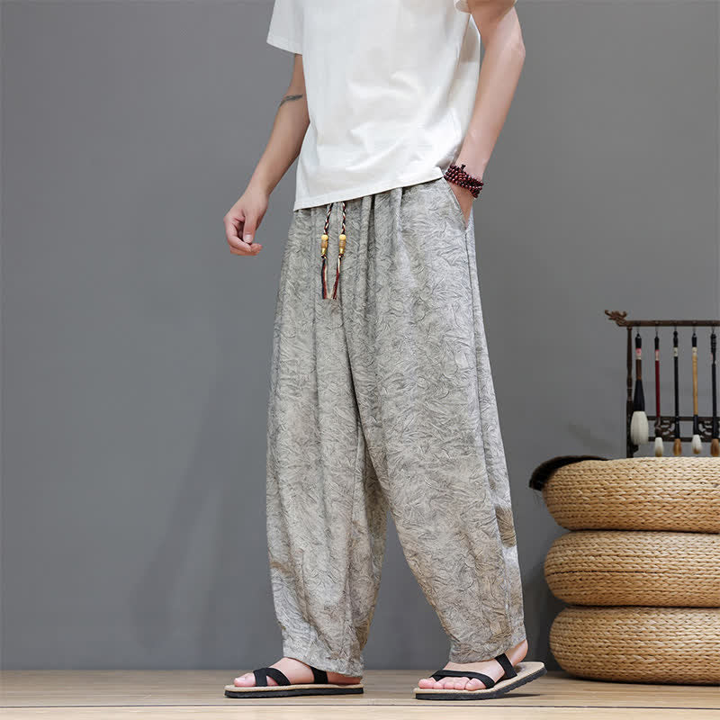 Buddha Stones Pantalon harem d'été bohème à cordon de serrage et motif végétal uni pour homme, avec poches - image 28