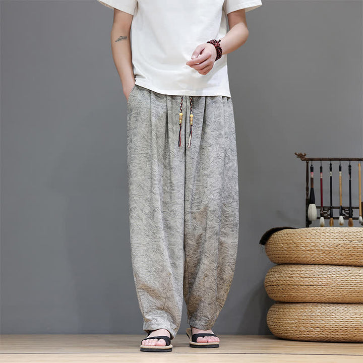 Buddha Stones Pantalon harem d'été bohème à cordon de serrage et motif végétal uni pour homme, avec poches - image 29