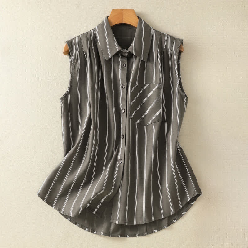 Buddha Stones Chemises d'été vintage rayées sans manches à boutons pour femmes avec poche plaquée - Gris - US12，UK/AU16，EU44 (2XL) - image 0