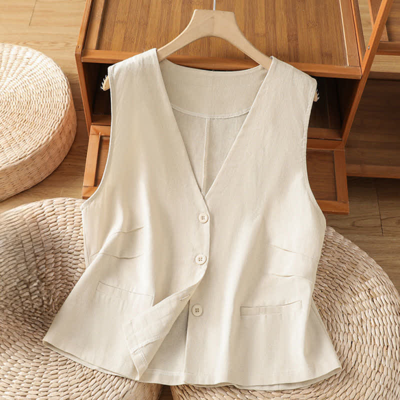 Buddha Stones Chemises d'été vintage boutonnées, unies, sans manches, pour femmes, avec poches décoratives - Beige - US12，UK/AU16，EU44 (2XL) - image 0