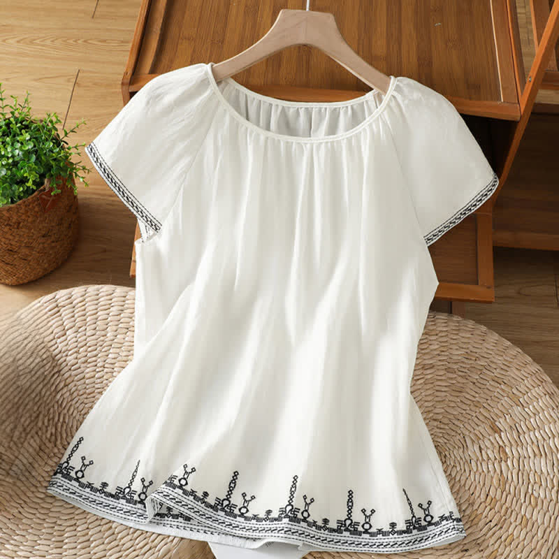 Buddha Stones T-shirts à manches courtes pour femmes, style bohème estival, broderies florales - Blanc - US12，UK/AU16，EU44 (2XL) - image 6