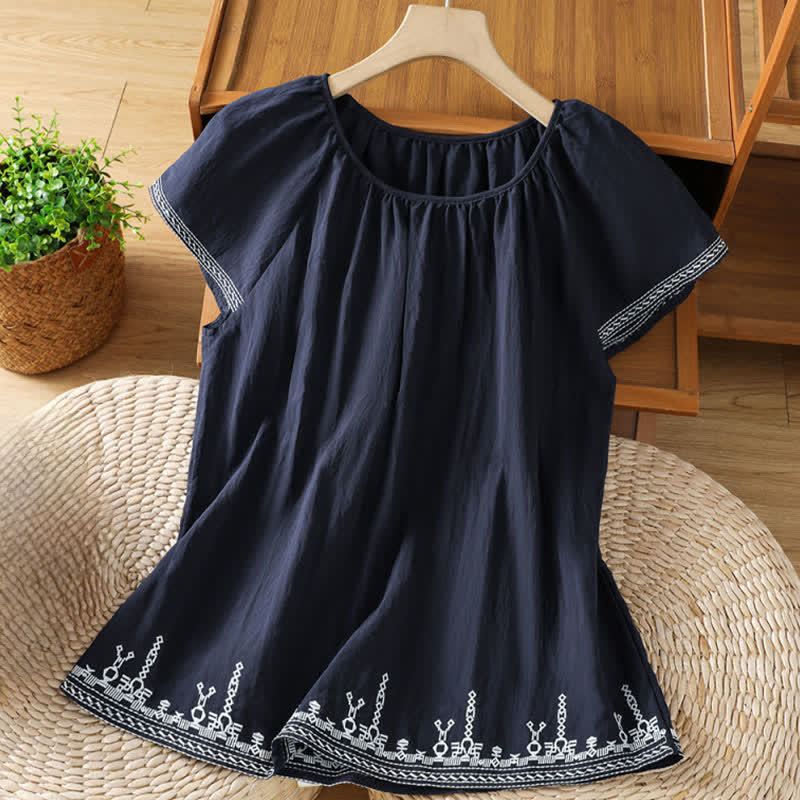 Buddha Stones T-shirts à manches courtes pour femmes, style bohème estival, broderies florales - Bleu nuit - US12，UK/AU16，EU44 (2XL) - image 0