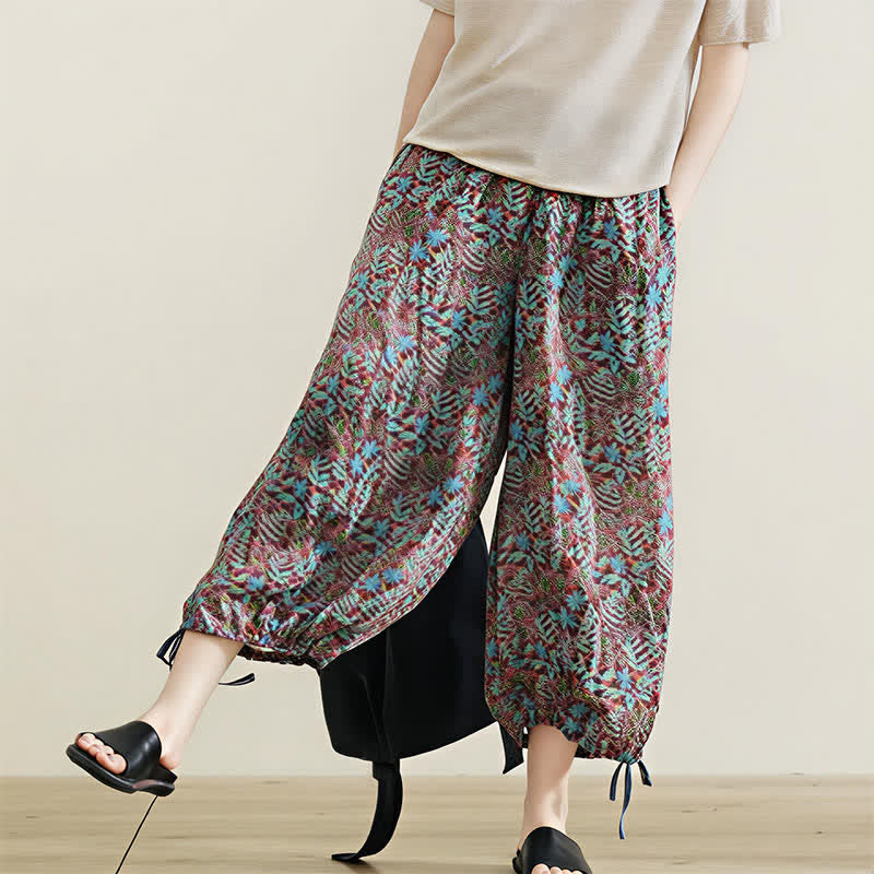 Buddha Stones Pantalon d'été bohème à cordon de serrage et imprimé feuilles, jambes droites, poches, pour femme - image 9