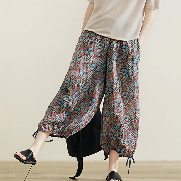 Buddha Stones Pantalon d'été bohème à cordon de serrage et imprimé feuilles, jambes droites, poches, pour femme - image 9