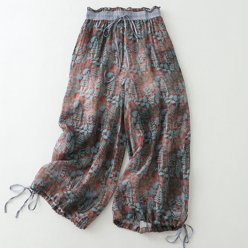 Buddha Stones Pantalon d'été bohème à cordon de serrage et imprimé feuilles, jambes droites, poches, pour femme - image 1