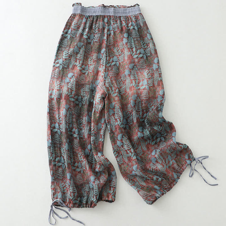 Buddha Stones Pantalon d'été bohème à cordon de serrage et imprimé feuilles, jambes droites, poches, pour femme - RosyBrown - US14，UK/AU18，EU46 (2XL) - image 0