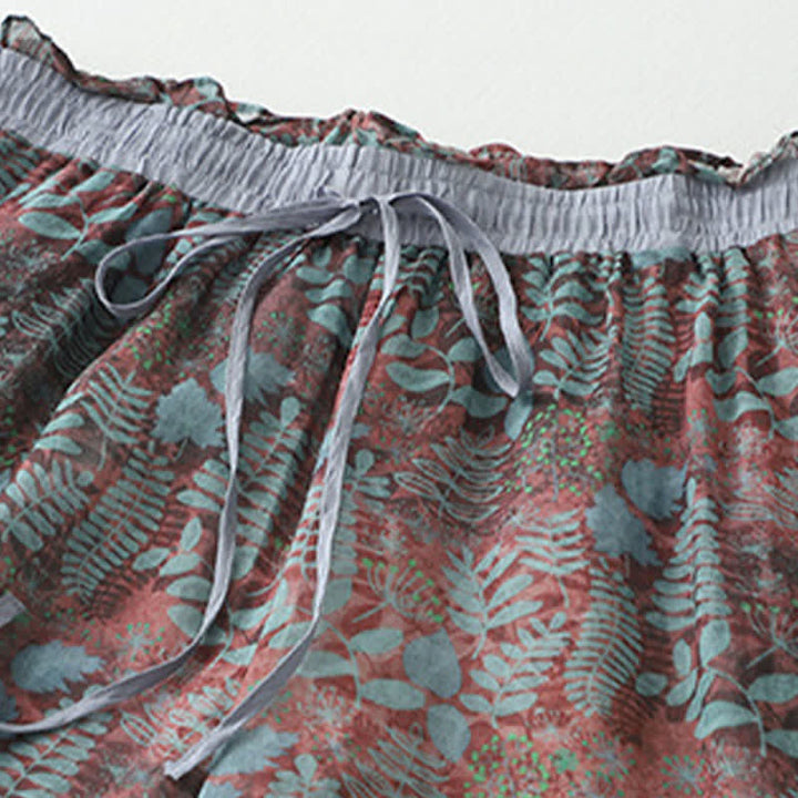 Buddha Stones Pantalon d'été bohème à cordon de serrage et imprimé feuilles, jambes droites, poches, pour femme - image 2