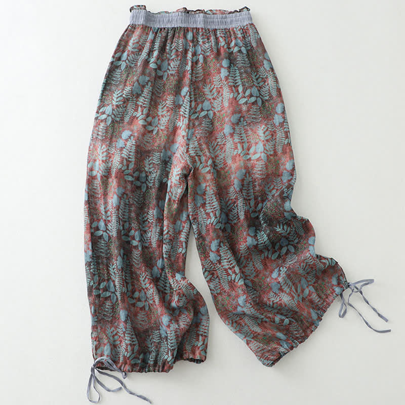 Buddha Stones Pantalon d'été bohème à cordon de serrage et imprimé feuilles, jambes droites, poches, pour femme - RosyBrown - US14，UK/AU18，EU46 (2XL) - image 0