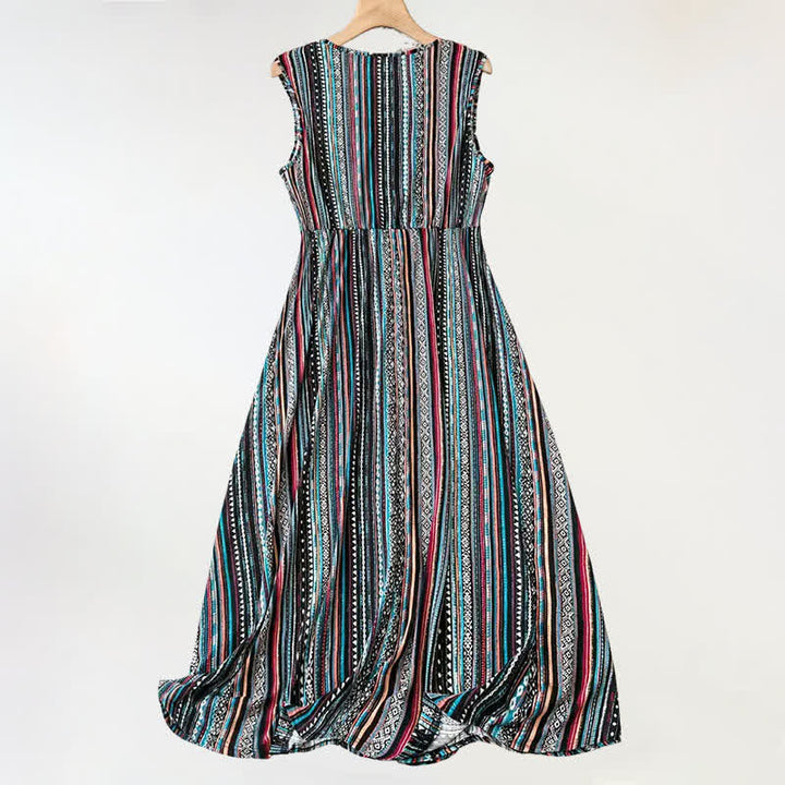 Buddha Stones Robe d'été bohème à rayures et col en V pour femme, sans manches - image 1