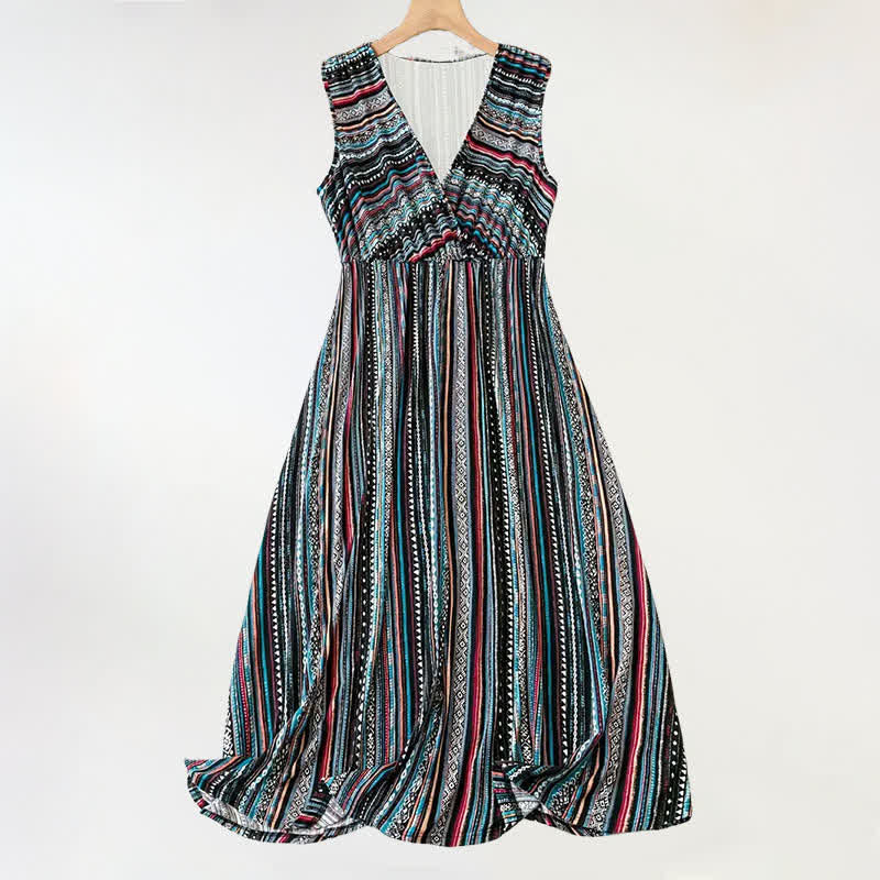 Buddha Stones Robe d'été bohème à rayures et col en V pour femme, sans manches - Noir - US20，UK/AU24，EU52 (5XL) - image 0