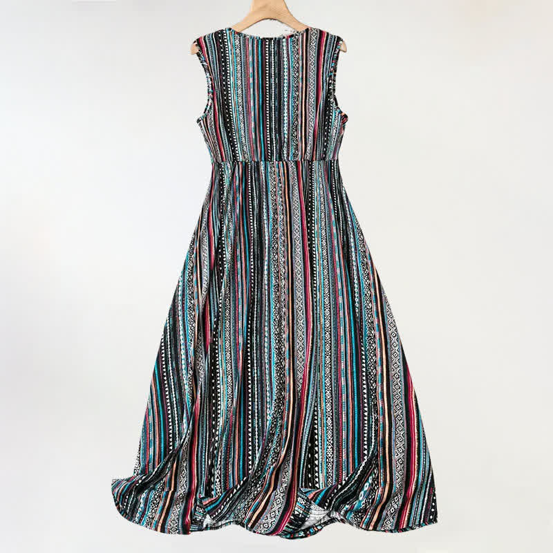 Buddha Stones Robe d'été bohème à rayures et col en V pour femme, sans manches - image 1
