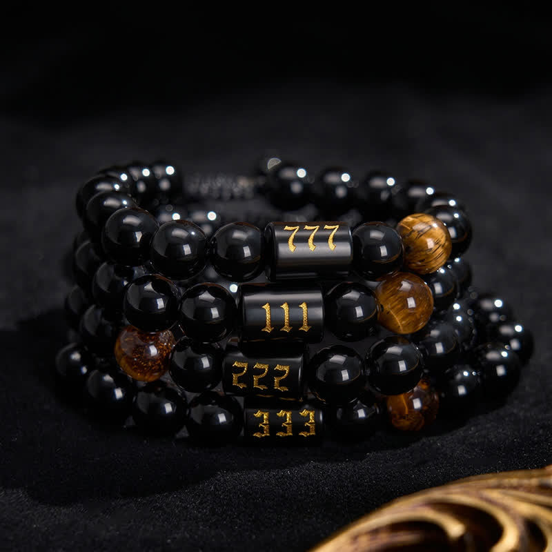 Buddha Stones Bracelet en œil de tigre en obsidienne noire naturelle avec numéro d'ange, symbole de force et d'accomplissement - image 33