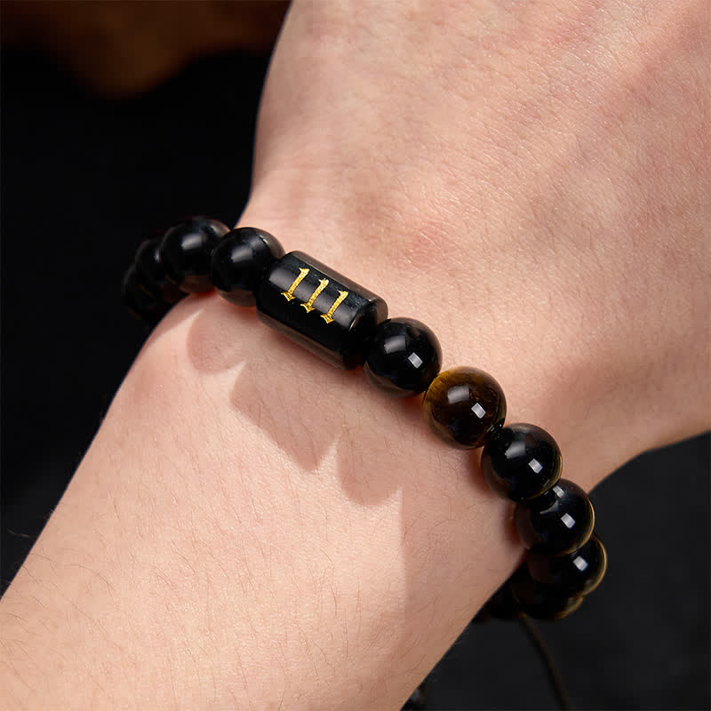 Buddha Stones Bracelet en œil de tigre en obsidienne noire naturelle avec numéro d'ange, symbole de force et d'accomplissement - image 12