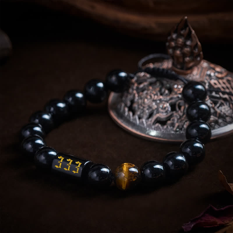 Buddha Stones Bracelet en œil de tigre en obsidienne noire naturelle avec numéro d'ange, symbole de force et d'accomplissement - image 2