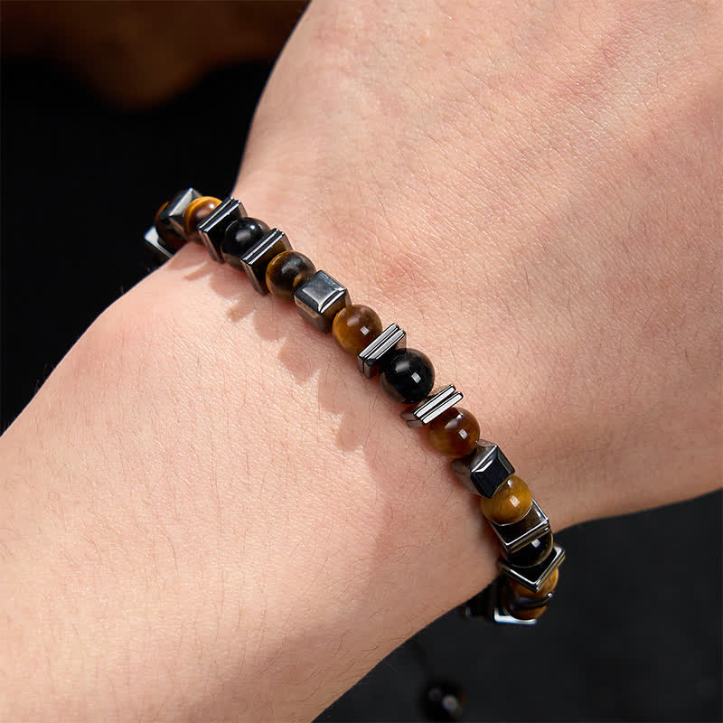 Buddha Stones Bracelet de soutien en œil de tigre naturel, obsidienne noire et hématite - image 4