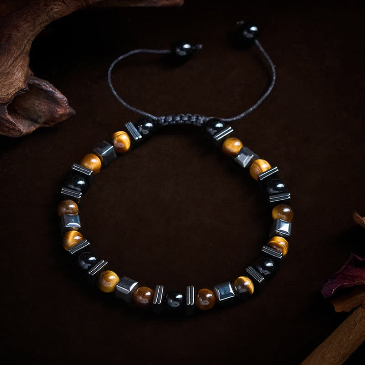 Buddha Stones Bracelet de soutien en œil de tigre naturel, obsidienne noire et hématite - image 1