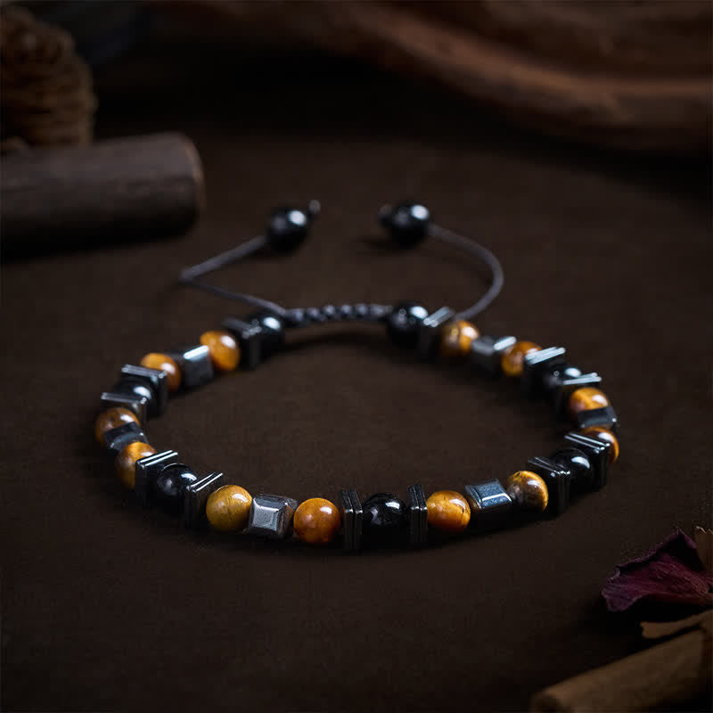 Buddha Stones Bracelet de soutien en œil de tigre naturel, obsidienne noire et hématite - image 2