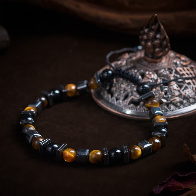 Buddha Stones Bracelet de soutien en œil de tigre naturel, obsidienne noire et hématite - image 3
