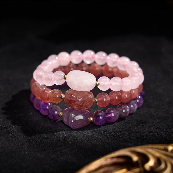 Buddha Stones Bracelet spirituel en améthyste naturelle, aventurine verte, œil de tigre et quartz fraise en forme de cœur - image 43