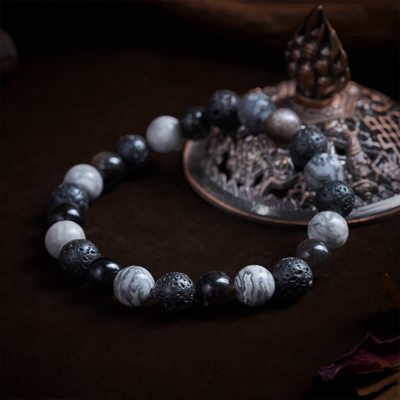 Buddha Stones Bracelet de soutien en perles de jaspe Picasso, roche de lave en obsidienne noire et jaspe Picasso - image 3