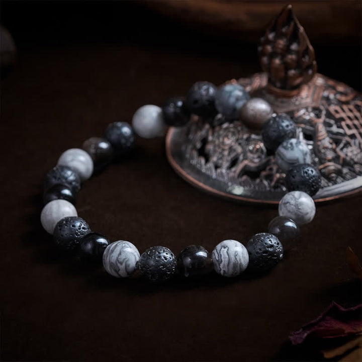 Buddha Stones Bracelet de soutien en perles de jaspe Picasso, roche de lave en obsidienne noire et jaspe Picasso - image 3