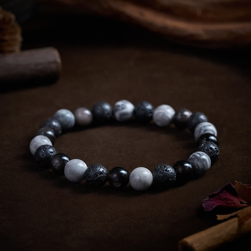 Buddha Stones Bracelet de soutien en perles de jaspe Picasso, roche de lave en obsidienne noire et jaspe Picasso - image 2